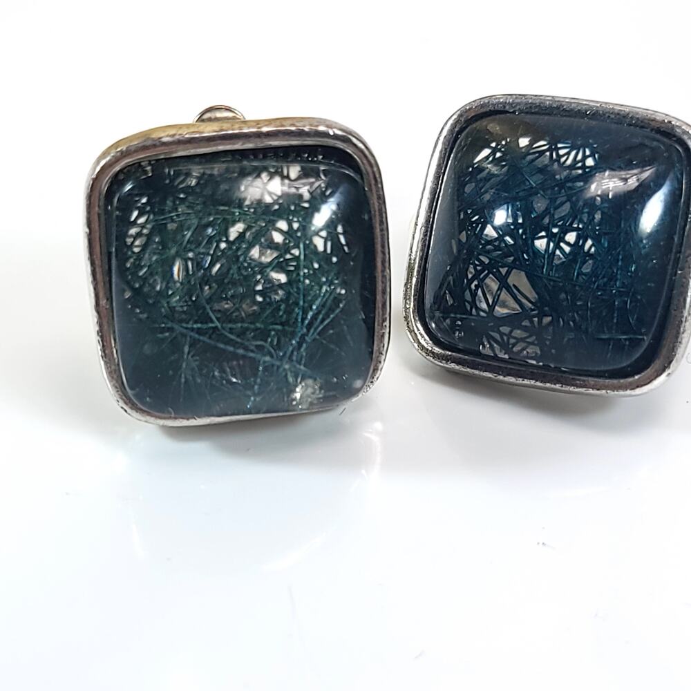 Vintage Square Clip-On Earrings with Embedded Blue Fiber Design, Retro Jewelry